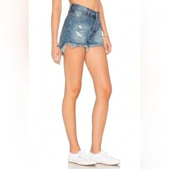One Teaspoon High Waist Bonita Jean Shorts Blue Fringe Distressed Denim Cutoffs - Picture 12 of 15